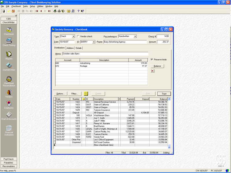 Checkbook data entry and accounting in Client Bookkeeping Solution (screenshot)
