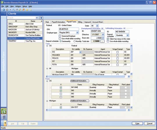 Service Bureau Payroll CS clients screen