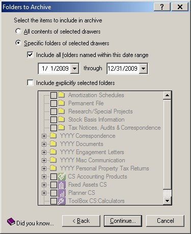 Screenshot: FileCabinet CS Folders to Archive