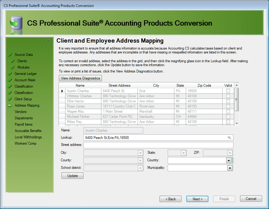 CSA to Accounting CS Conversion address mapping screen