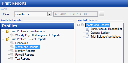 Print Reports screen filtered for specific clients