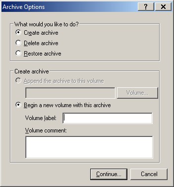 Screenshot: FileCabinet CS Archive Options