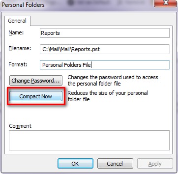 Screenshot: Microsoft Outlook Personal Folders - Compact Now
