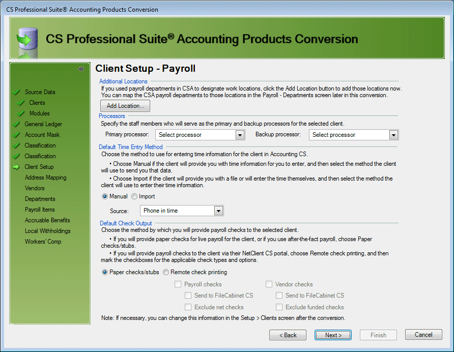 Client setup payroll screen