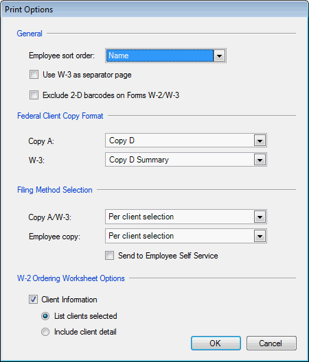 Print Options dialog on Process Payroll Tax Forms with Copy D and Copy D Summary selected
