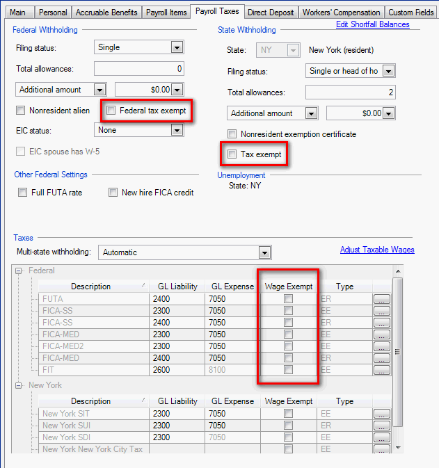 Setup employees payroll taxes tab checkboxes