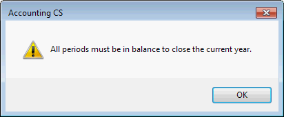 Year end close dialog indicating out of balance
