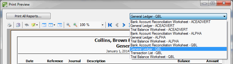Print Preview dialog showing report profile for multiple clients