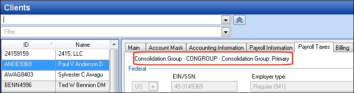 Consolidation information on Payroll Taxes tab
