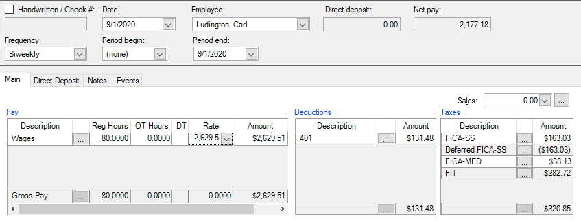 Payroll check entry example showing deferred employee FICA-SS taxes