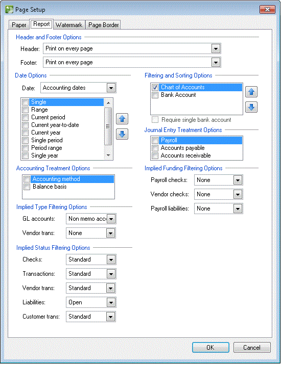 Page Setup dialog (Report tab)