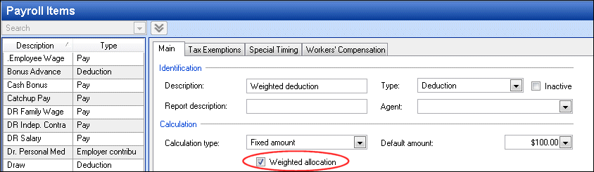 Weighted Allocation checkbox - Payroll Items screen
