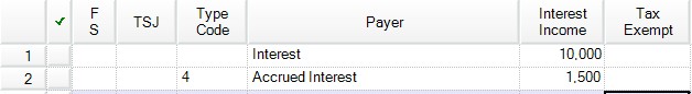 Data entry in the Interest Income field for $10,000 of interest income and $1,500 of accrued interest.