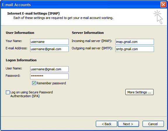 Internet E-mail Settings (IMAP) page