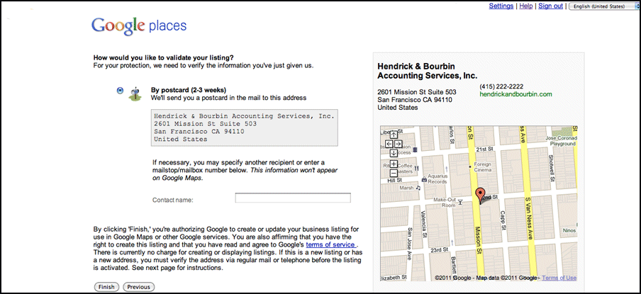 Google places validation page
